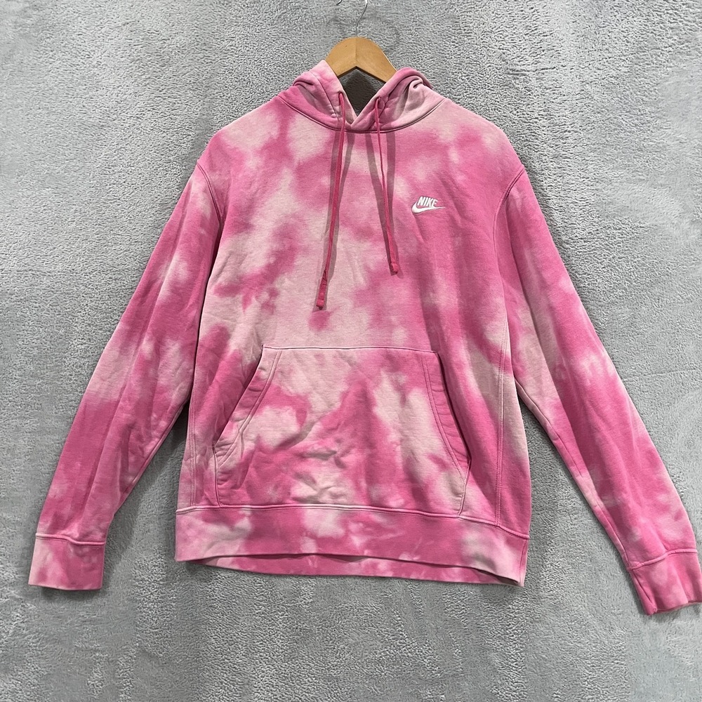 Nike Hoodie Mens Medium Pink Tie Dye Embroidered Logo Kangaroo Pocket BV2654-684